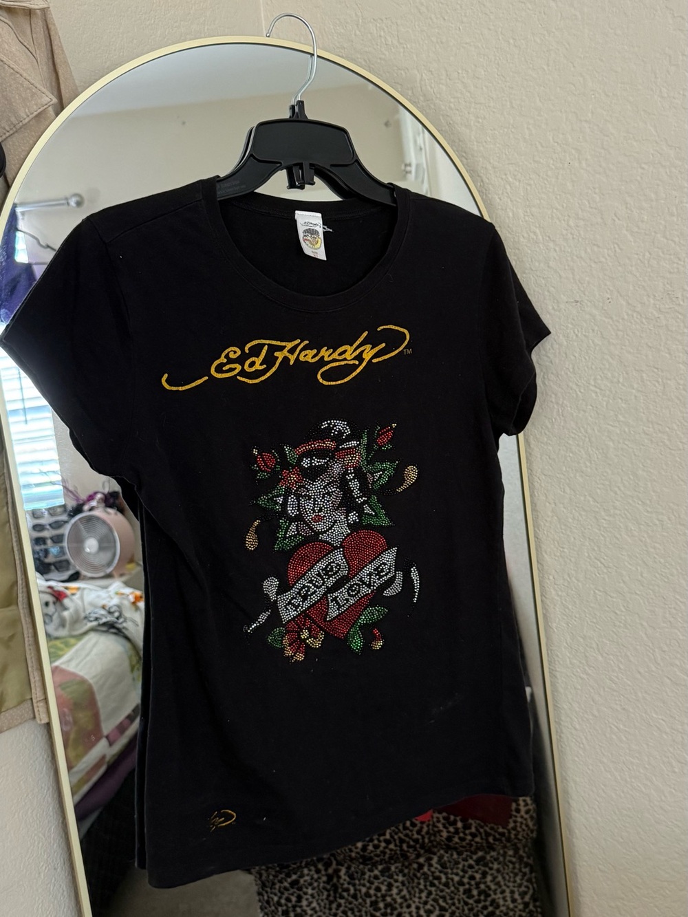 Ed Hardy Black Tee with Gold Script and Multicolor Rhinestone Heart